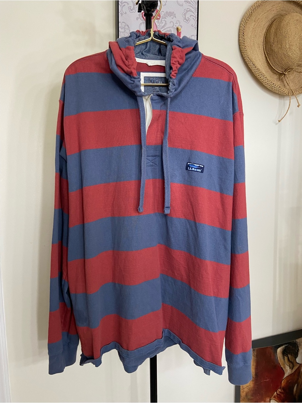 L.L. Bean Men's Red and Blue Striped Zip-Front Hoodie Sweater